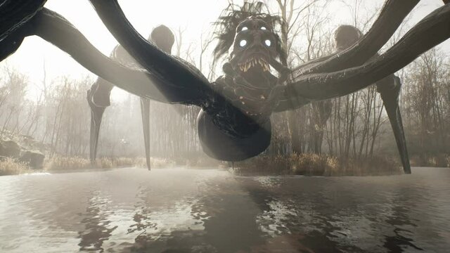A terrible monster stands in the middle of a misty lake in a mystical deserted forest. Mystical nightmare concept. The seamless loopable animationis for fantasy, mystical or horror backgrounds.