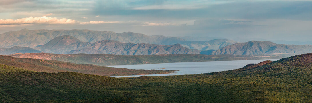 panorama of Chamo Lake natural biotope, landscape in the Southern Nations, Nationalities, and Peoples Region of southern Ethiopia. Africa Wilderness