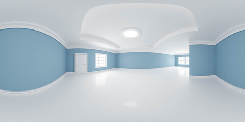full 360 panorama of empty classic design room with white floors and blue walls 3d render illustration hdri hdr vr style