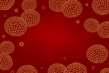 Traditional Asian background, chrysanthemum flowers, gold on red, copy space. Oriental, eastern style vector illustration. Design concept for Chinese New Year, Mid Autumn Festival card, poster, banner
