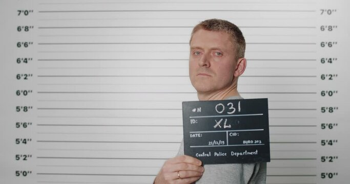 Side profile mugshot of adult man holding cardboard while being photographed in police department. Male arrested with green eyes turning head and looking to camera. Concept of crime.