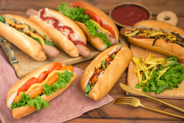set of different hot dogs, types of hot dogs.