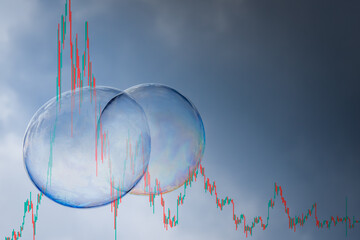 symbolic picture of a stock market bubble with a parabolic chart entering a recession with...