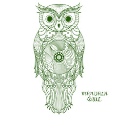 Owl. Zen art. Design Zentangle. Detailed hand drawn vintage owl with abstract patterns on isolation background. Design for spiritual relaxation for adults. Print for polygraphy, t-shirts and textiles