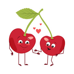 Cute cherry characters with love emotions, face, arms and legs. The funny or happy food heroes, berry fall in love