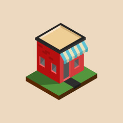 Design of a small shop or cafe in 3d isometric. Vector illustration of a retail outlet. Point of issue of goods. Isometric building, shop icon. 
