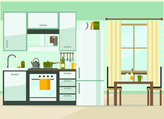 kitchen interior with furniture, flat vector illustration
