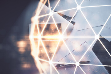 Double exposure of social network theme drawing over table with phone. Top view. People connecting concept.