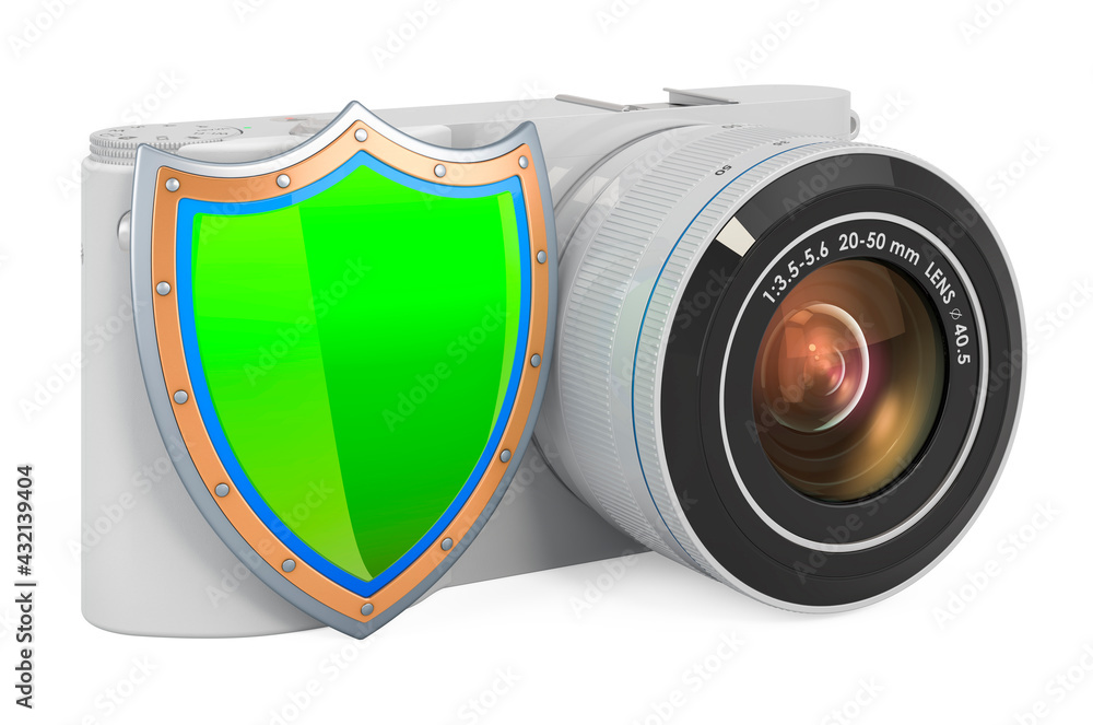 Poster mirrorless digital camera with shield, 3d rendering