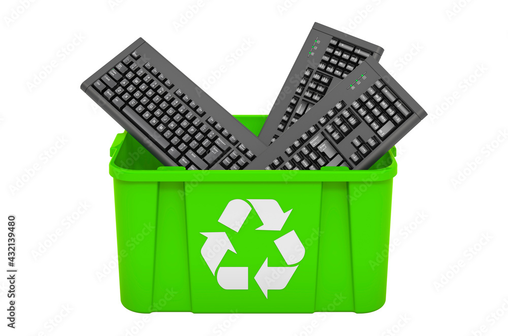 Poster Recycling trashcan with computer keyboards. 3D rendering