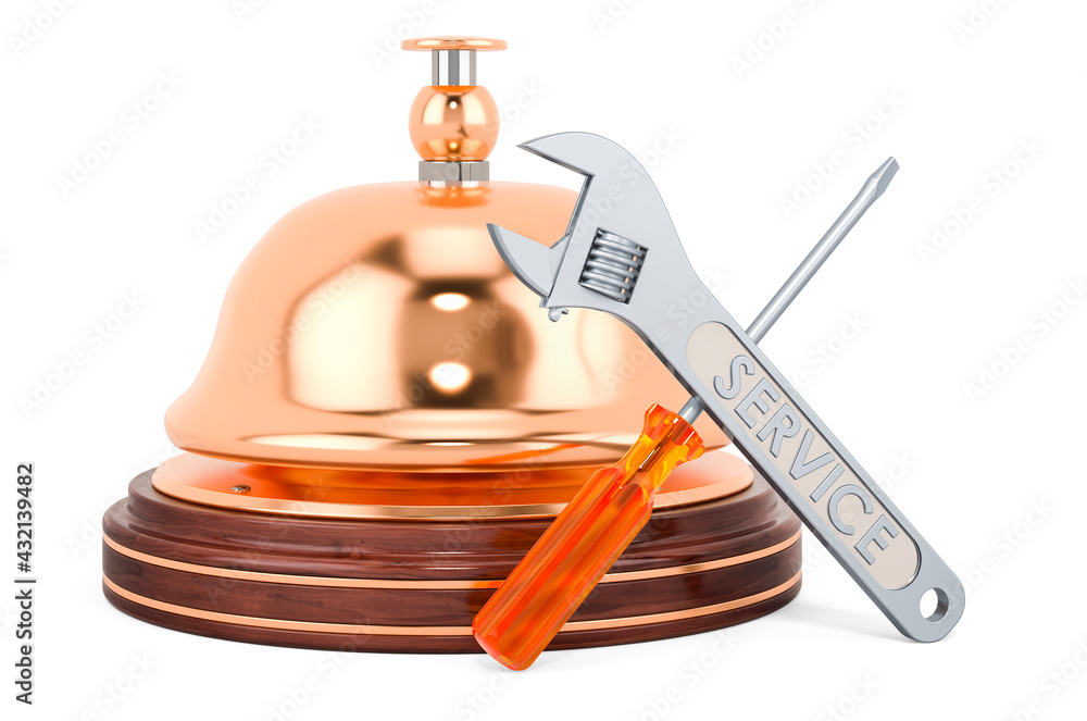 Poster reception bell with screwdriver and wrench. 3d rendering