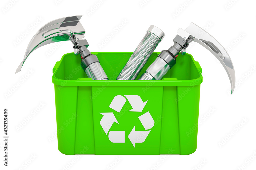 Poster recycling trashcan with laryngoscopes. 3d rendering