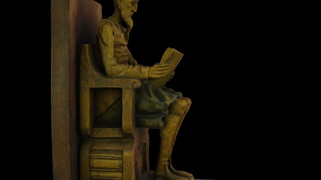 Don Quixote of La Mancha reads a book-rotation - 3d model animation on a black background
