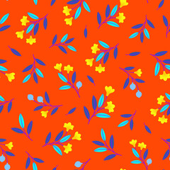 Bright seamless pattern with branches, berries, flowers and leaves. Repeat abstract botanical pattern. Vector illustration.