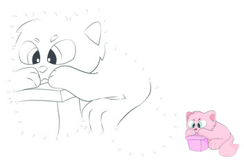 Point-to-point game. Draw a line. The cat plays with a box. For kids. Worksheet. Coloring book. Cartoon character.