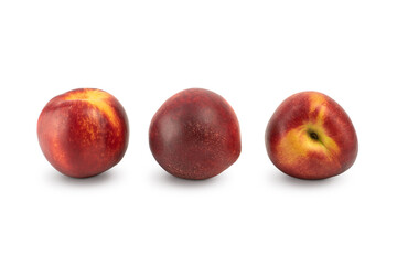 Group of three 3 nectarine fruits isolated on white background. Fresh fruits.