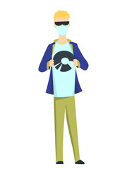 Young man in mask and sunglasses on white background. Fashion boy with modern hairstyle standing with his hands on his jacket. Cartoon isolated jpeg illustration