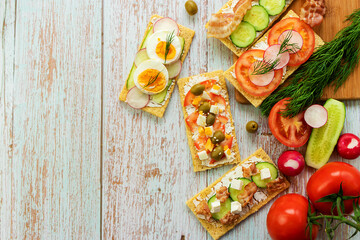 Sandwiches with crispbread top view, diet snacks, top view