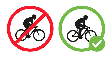 Cycling prohibited and riding bikes allowed vector flat illustration isolated on white background. Cyclist riding on bike icon in crossed out red circle, in green circle. Cycling permit and forbidden.