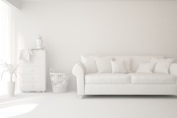 Mock up of minimalist living room in white color with sofa. Scandinavian interior design. 3D illustration