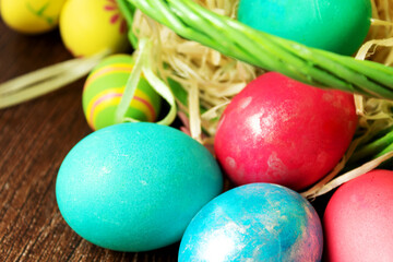 Easter eggs are hammered from baskets, on a wooden table, in a close-up