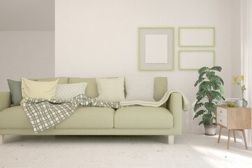White living room with sofa. Scandinavian interior design. 3D illustration