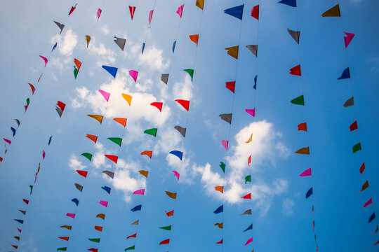 Line flags with blue sky for background