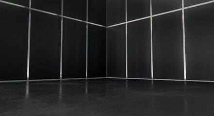 Abstract blank space of empty room with metal grid walls. Futuristic dark interior design concept. 3D Rendering