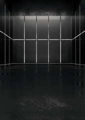 Abstract blank space of empty room with metal grid walls. Futuristic dark interior design concept. 3D Rendering