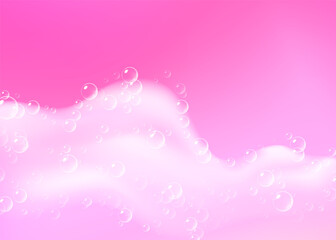 Beautiful light background with Bath pink foam and empty place for your text. Shampoo bubbles texture. Sparkling pink shampoo and bath lather. Vector realistic illustration.