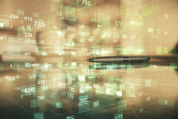 Naklejka premium Double exposure of Ai data theme drawing over coffee cup background in office.