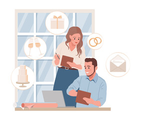 Wedding managers or bride and groom planning wedding ceremony vector flat illustration. Smiling man and woman choosing wedding cake, wedding rings, gift boxes, champagne glasses for marriage party.
