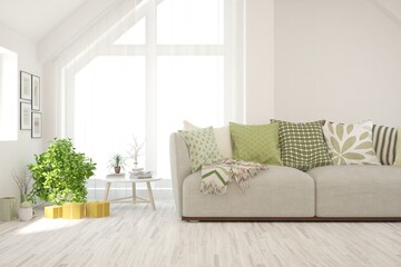 White living room with sofa. Scandinavian interior design. 3D illustration