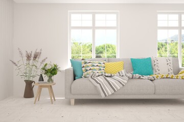 White living room with sofa and summer landscape in window. Scandinavian interior design. 3D illustration