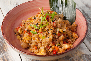 fried rice with chicken and vegetables. Asian dish