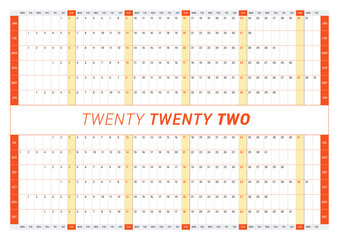 Calendar yearly planner template for 2022. Printable template. Week starts on Monday