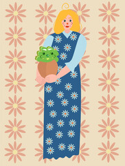 Gardening. Woman with flowerpot illustration