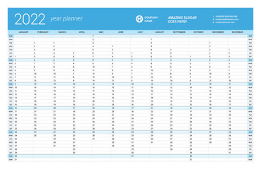 Calendar yearly planner template for 2022. Printable template. Week starts on Sunday