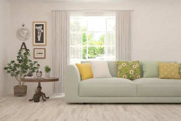 White living room with sofa and summer landscape in window. Scandinavian interior design. 3D illustration