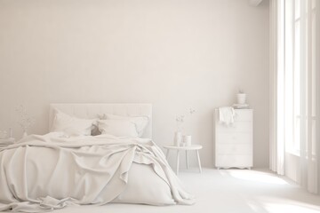 Modern bedroom in white color. Scandinavian interior design. 3D illustration