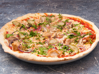 tasty rustic pizza with chicken, mushrooms, pickles