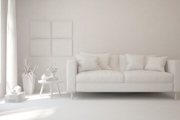 White minimalist living room with sofa. Scandinavian interior design. 3D illustration