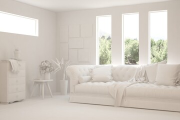 Mock up of stylish room in white color with sofa and green landscape in window. Scandinavian interior design. 3D illustration