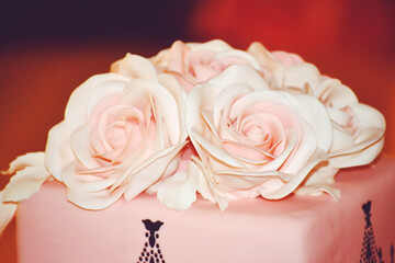 Wedding Cake Decorated with Pink  Roses Flowers 