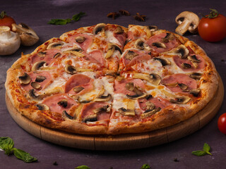 pizza with ham and mushrooms on a wooden Board