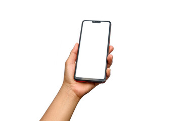The hand is holding the white screen, the mobile phone is isolated on a white background with the...