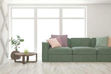 Soft color living room with sofa. Scandinavian interior design. 3D illustration