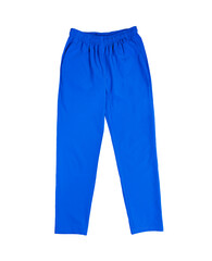 Comfortable pants color blue front view on white background
