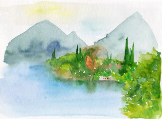 Mediterranean watercolor landscape painted on paper