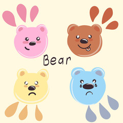 Set of cute cartoon bears. Vector little bear heads. Print Design. Cute Set Animals, Hand Drawn Cute Bear and Panda